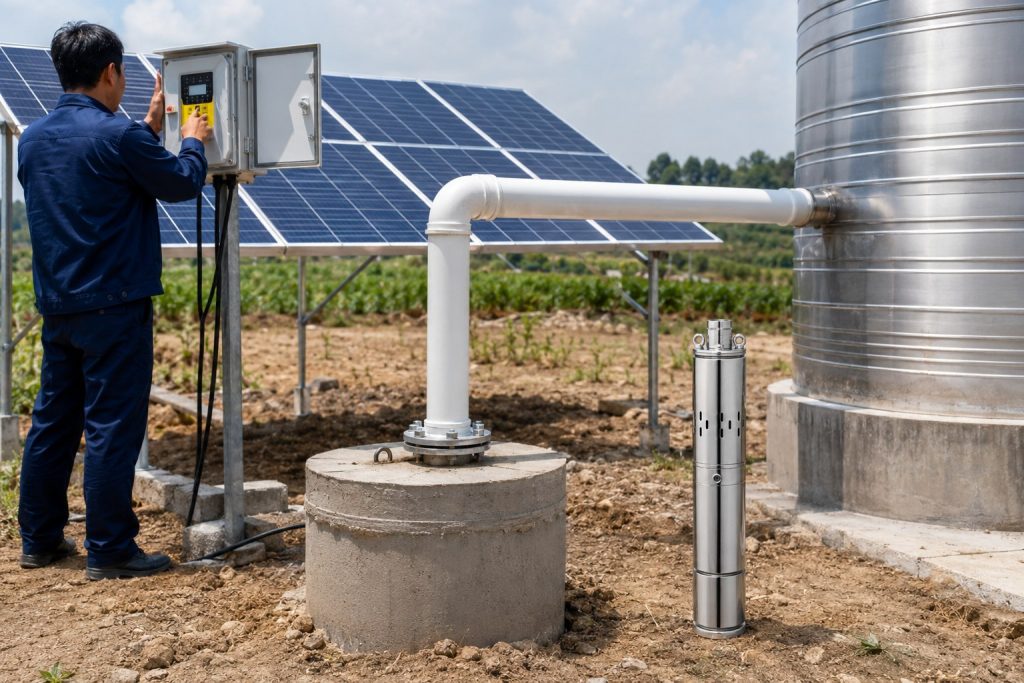 A realistic outdoor HYBSUN solar pump installation scene showing a stainless steel solar water pump displayed beside a concrete borehole wellhead, with clean white piping carrying water from the well toward a large metal storage tank. A Chinese technician in blue workwear checks the solar pump controller while solar panels power the system in the background. The setup demonstrates a professional off grid solar water pump solution for irrigation, water storage, and pond pump system applications. The image highlights how a HYBSUN solar pump can work as part of a reliable solar powered pond pump or agricultural water supply system using solar energy, a controller, clean pipe connections, and a practical field installation environment.
