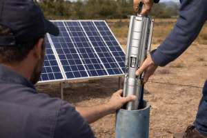 HYBSUN 4 HP solar water pump being installed by two field workers in an off-grid rural location, with a stainless steel submersible pump lowered into a blue well casing beside solar panels under bright daylight. The image shows a practical renewable water pumping solution for farms, boreholes, irrigation systems, and remote water supply projects. Faces are not visible, creating a professional and privacy-friendly installation scene. This image is highly relevant to the topic: What is the cost of 4 hp solar water pump?