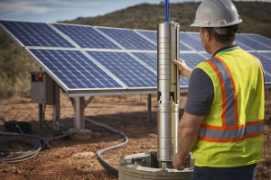 HYBSUN 4 HP solar water pump being installed by two field workers in an off-grid rural location, with a stainless steel submersible pump lowered into a blue well casing beside solar panels under bright daylight. The image shows a practical renewable water pumping solution for farms, boreholes, irrigation systems, and remote water supply projects. Faces are not visible, creating a professional and privacy-friendly installation scene. This image is highly relevant to the topic: What is the cost of 4 hp solar water pump?