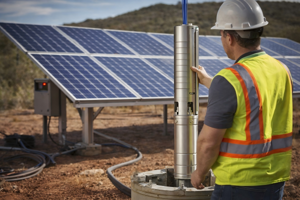 A large array of solar panels in a field powering a water pump