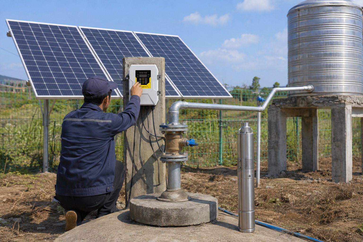 A solar panel in a field next to a water pump