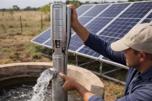 What is the life expectancy of a solar water pump? This realistic image shows a HYBSUN solar water pump system operating in an off-grid rural setting, with a technician inspecting a stainless steel submersible pump beside high-efficiency solar panels. Clean water is flowing steadily from the pump into a concrete water tank, highlighting the durability, long service life, and reliable performance of a solar-powered water pumping solution for agriculture, livestock watering, and remote water supply applications.