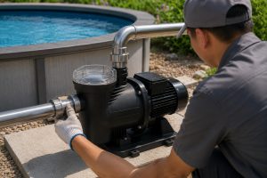 A realistic outdoor pool equipment installation scene showing a single black HYBSUN pool pump installed beside a residential swimming pool on a clean concrete platform. The pump features a compact horizontal motor body, a rounded strainer housing with a clear transparent lid, and a sturdy base designed for stable poolside operation. New clean metal inlet and outlet pipes are connected with professional couplings, elbows, and fittings, creating a practical circulation system for pool water filtration. A Chinese technician wearing work gloves and a cap is checking the pipe connection near the pump, with the swimming pool water visible in the background and green landscaping around the equipment area. This image visually supports pool pump sizing guidance for large pools while naturally connecting HYBSUN solar pump technology, solar water pump applications, solar powered pond pump systems, and energy efficient pond pump system solutions for clean and reliable water circulation.