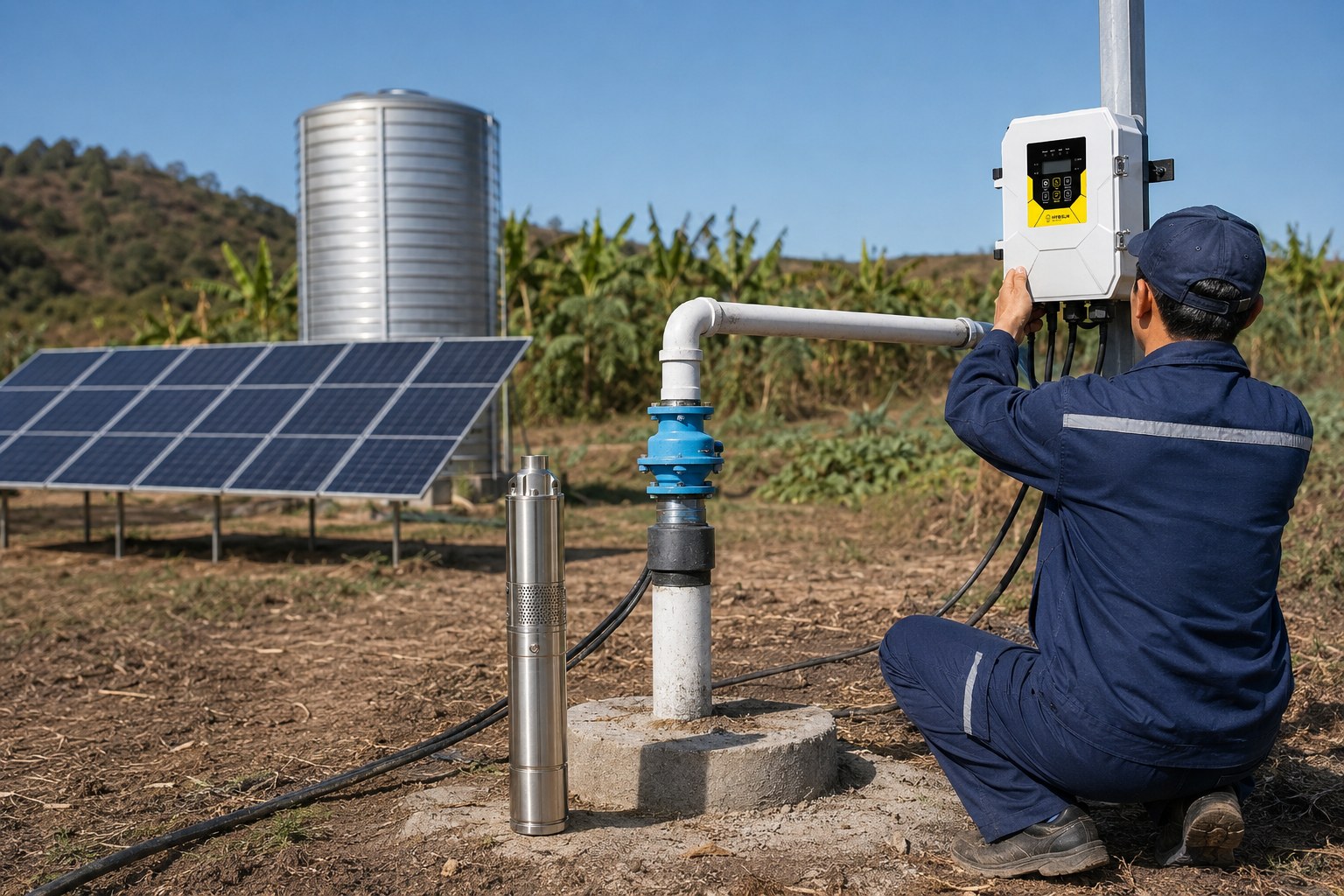 A solar panel array in a field with a water pump nearby