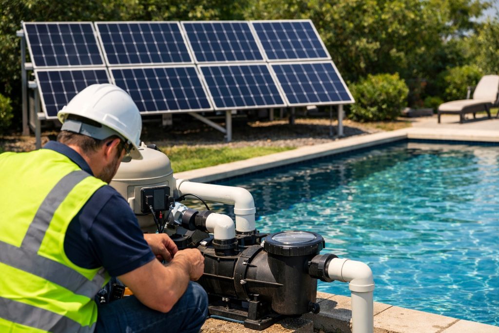 A professional technician wearing safety gear inspects and adjusts a HYBSUN pool pump system beside a clear outdoor swimming pool, with multiple solar panels installed in the background under bright sunlight. The image shows a realistic solar-powered pool pump application in a residential setting, highlighting energy-saving pool circulation, efficient solar panel matching, and sustainable pool pump operation. This visual represents the topic: What solar panels are best for pool pump?