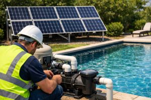 A professional technician wearing safety gear inspects and adjusts a HYBSUN pool pump system beside a clear outdoor swimming pool, with multiple solar panels installed in the background under bright sunlight. The image shows a realistic solar-powered pool pump application in a residential setting, highlighting energy-saving pool circulation, efficient solar panel matching, and sustainable pool pump operation. This visual represents the topic: What solar panels are best for pool pump?