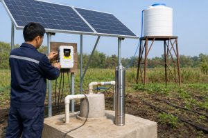 A realistic outdoor HYBSUN solar pump installation in a rural farming area, showing a solar water pump system powered by large solar panels mounted on a metal frame. A Chinese technician is adjusting the HYBSUN controller beside the wellhead while clean pipes and valves connect the borehole outlet to an elevated water storage tank and irrigation lines across the field. One stainless steel submersible pump is displayed upright beside the well as a product reference, while the actual water supply setup shows water being delivered through professional piping for off grid irrigation. The scene highlights how a 400W solar panel system can support a high efficiency HYBSUN solar pump, solar powered pond pump, solar water pump, or pond pump system for remote water supply applications.