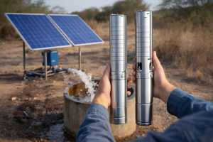 A realistic outdoor scene showing a HYBSUN solar water pump solution in an off-grid rural area. In the foreground, a worker without a visible face holds two stainless steel submersible solar water pumps for comparison, highlighting different pump designs and sizes. In the background, solar panels power a water pumping system beside a well, with clear water flowing out into a concrete basin. The dry natural landscape emphasizes the challenge of unreliable water access and the value of a sustainable, cost-effective solar pumping system. This image represents the question “Which solar water pump is best?” by showing practical HYBSUN solar water pump options for efficient off-grid water supply, irrigation, and remote water delivery.