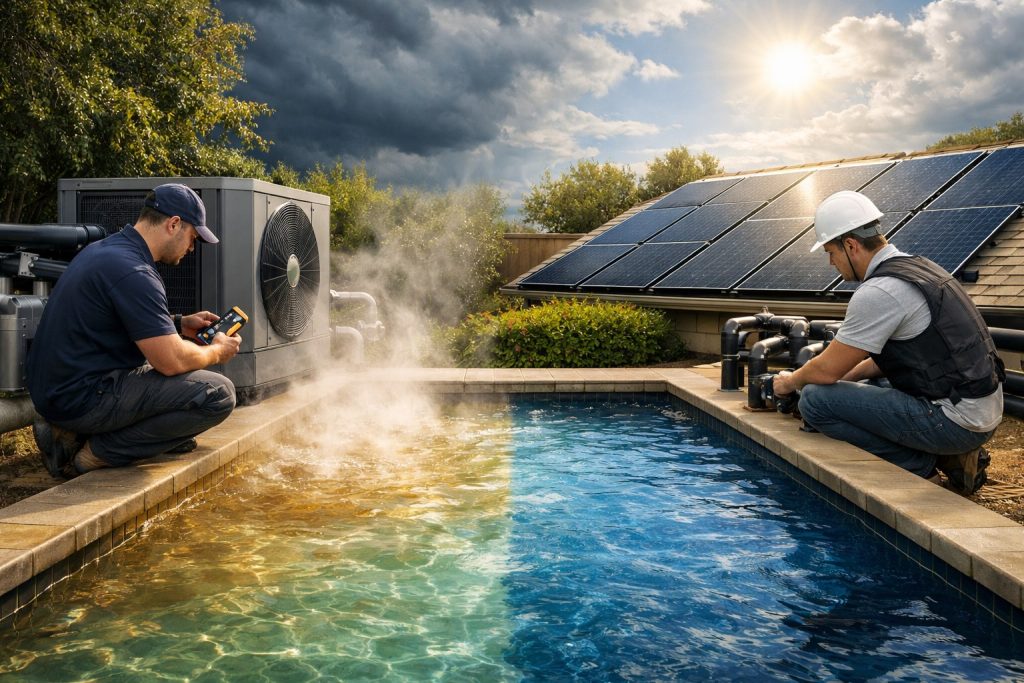 HYBSUN pool heating comparison image showing which is better, a heat pump or a solar pool, beside a residential swimming pool. The scene features two professional technicians with no visible faces inspecting different pool heating solutions. On one side, a modern pool heat pump is installed next to the pool, producing visible warm steam to suggest reliable heating performance in cooler weather. On the other side, a solar-powered pool heating setup with rooftop solar panels and connected pool piping represents an energy-saving solar pool solution that depends on sunshine. The image visually compares year-round heating reliability, temperature control, and energy efficiency for pool owners looking to extend the swimming season with lower operating costs.