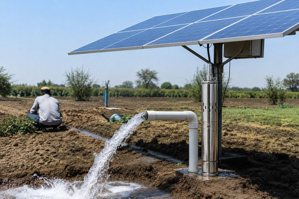 A realistic outdoor farm irrigation scene showing a HYBSUN solar borewell pump system working in a rural agricultural field. A stainless steel submersible solar water pump from HYBSUN is installed beside a new PVC water pipe, with clear water flowing strongly into an irrigation channel. Large solar panels provide clean power for the borewell pumping system, while farmland and a worker in the background create a practical off grid water supply setting. This image visually explains which pump is better for a borewell by showing a solar powered borewell pump solution suitable for deep wells, farm irrigation, high electricity cost areas, and locations with unreliable grid power.