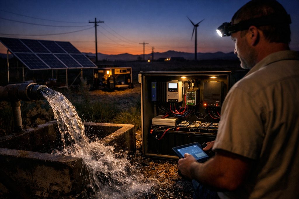 HYBSUN solar water pump system operating at night in an off-grid rural area, with a professional technician monitoring the control panel and water flowing continuously from the pump into a storage tank after sunset. The scene includes solar panels, backup power equipment, and a sustainable water supply setup, showing how a solar pump can work at night through battery storage or hybrid power support.