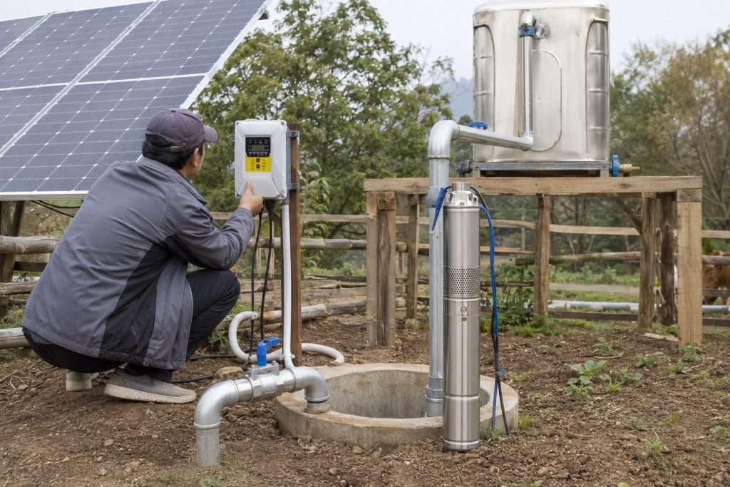 A HYBSUN solar water pump is installed outdoors beside a rural pond in a natural, sunny environment. The scene shows a worker crouched next to the black HYBSUN pond pump, adjusting its components, with clear metallic inlet and outlet pipes directing water from the pond to a connected irrigation system. A solar panel array is positioned nearby, powering the pump, highlighting a sustainable solar powered pond pump setup. Lush greenery and distant hills surround the pump, emphasizing a realistic rural pond pump system installation. The water flows visibly from the pipe, illustrating the pump in active operation, capturing a professional maintenance and repair scenario for a solar water pump.