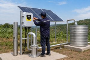 A realistic off grid rural installation scene showing a HYBSUN solar pump system powered by photovoltaic panels. A stainless steel deep well pump is displayed beside a borehole wellhead while clean metal pipes carry water from the well to a ribbed storage tank, with water visibly flowing from the outlet pipe. A Chinese technician adjusts the HYBSUN controller mounted near the solar panels, creating a professional solar water pump setup for irrigation, livestock water supply, and remote domestic use. The scene also reflects how a solar powered pond pump or pond pump system can use clean solar energy to move water reliably without diesel generators.