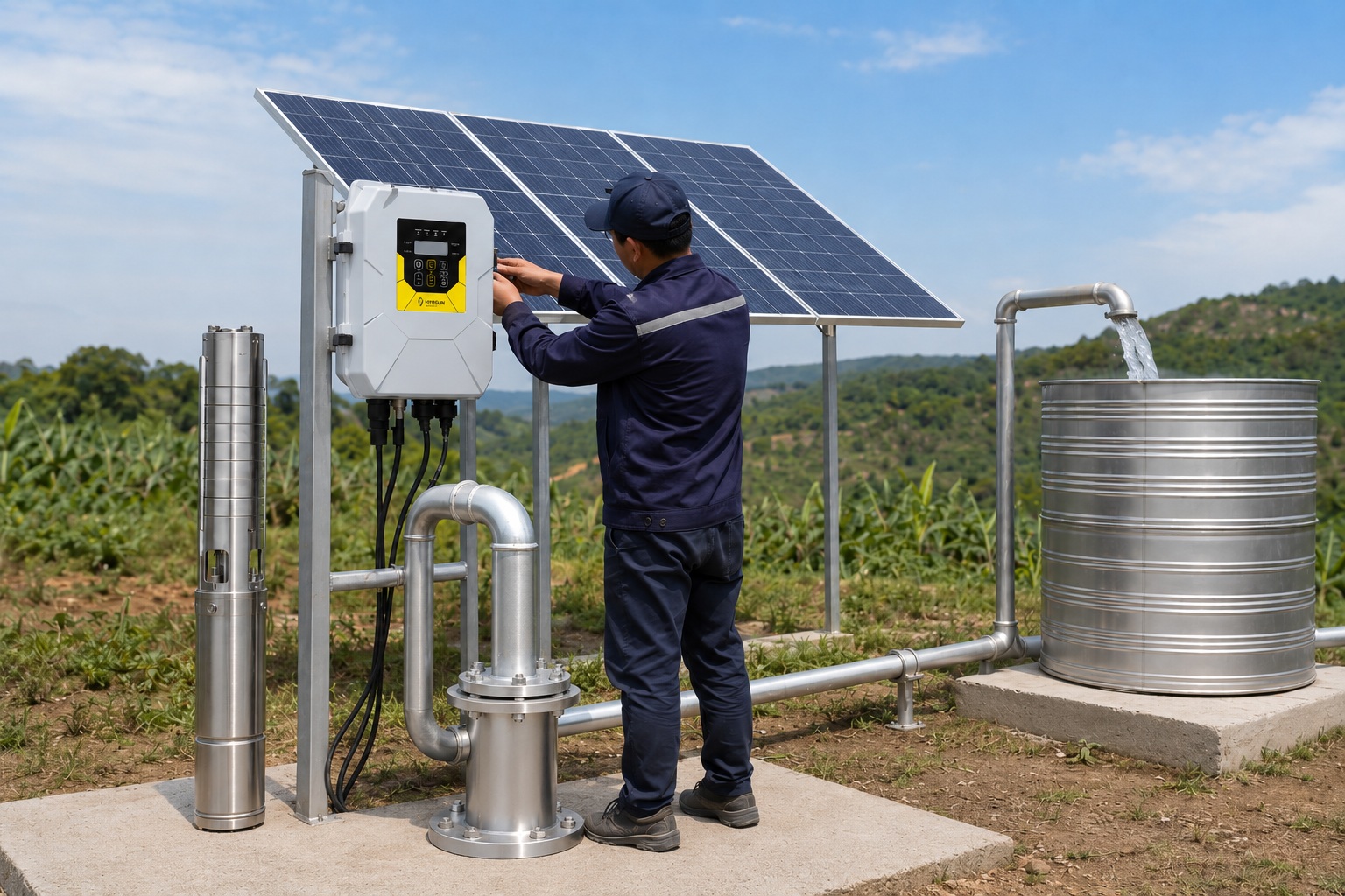 A solar panel array in a field next to a water pump