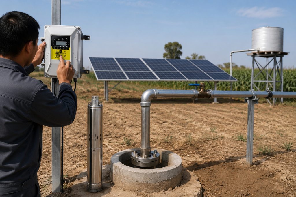A professional outdoor installation scene of a HYBSUN solar water pump system in a rural field. The image shows a single stainless-steel vertical submersible pump positioned next to a borehole well, connected with clean metal discharge pipes including elbows, clamps, and a blue-handled valve. Nearby, a HYBSUN solar pump controller with a digital interface is mounted on a metal post, with cables neatly routed. In the background, several solar panels are arranged on metal frames capturing sunlight to power the system, and a small elevated water tank sits on a metal stand connected via piping to the pump. The soil is dry and the surrounding area includes crops and distant trees. A Chinese technician is partially visible from the back, wearing work clothes, inspecting or adjusting the controller with both hands. The scene realistically demonstrates a working pond pump system, a solar powered pond pump, and a solar water pump setup, emphasizing professional installation and operational readiness.