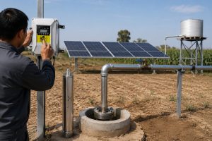 A professional outdoor installation scene of a HYBSUN solar water pump system in a rural field. The image shows a single stainless-steel vertical submersible pump positioned next to a borehole well, connected with clean metal discharge pipes including elbows, clamps, and a blue-handled valve. Nearby, a HYBSUN solar pump controller with a digital interface is mounted on a metal post, with cables neatly routed. In the background, several solar panels are arranged on metal frames capturing sunlight to power the system, and a small elevated water tank sits on a metal stand connected via piping to the pump. The soil is dry and the surrounding area includes crops and distant trees. A Chinese technician is partially visible from the back, wearing work clothes, inspecting or adjusting the controller with both hands. The scene realistically demonstrates a working pond pump system, a solar powered pond pump, and a solar water pump setup, emphasizing professional installation and operational readiness.