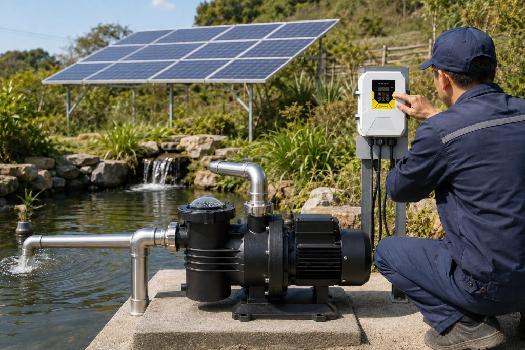 A realistic outdoor HYBSUN solar pump installation showing a black solar powered pond pump mounted on a concrete platform beside a landscaped pond. The pump has a clear strainer lid, a horizontal motor body, and clean metal inlet and outlet pipes professionally connected for water circulation. A HYBSUN solar pump controller is mounted on a post while a technician in navy workwear checks the settings. Solar panels stand behind the pond, powering the pond pump system off grid as water flows back into the pond through a metal return pipe and small waterfall, creating a practical eco friendly solar water pump solution for pond circulation and aeration.