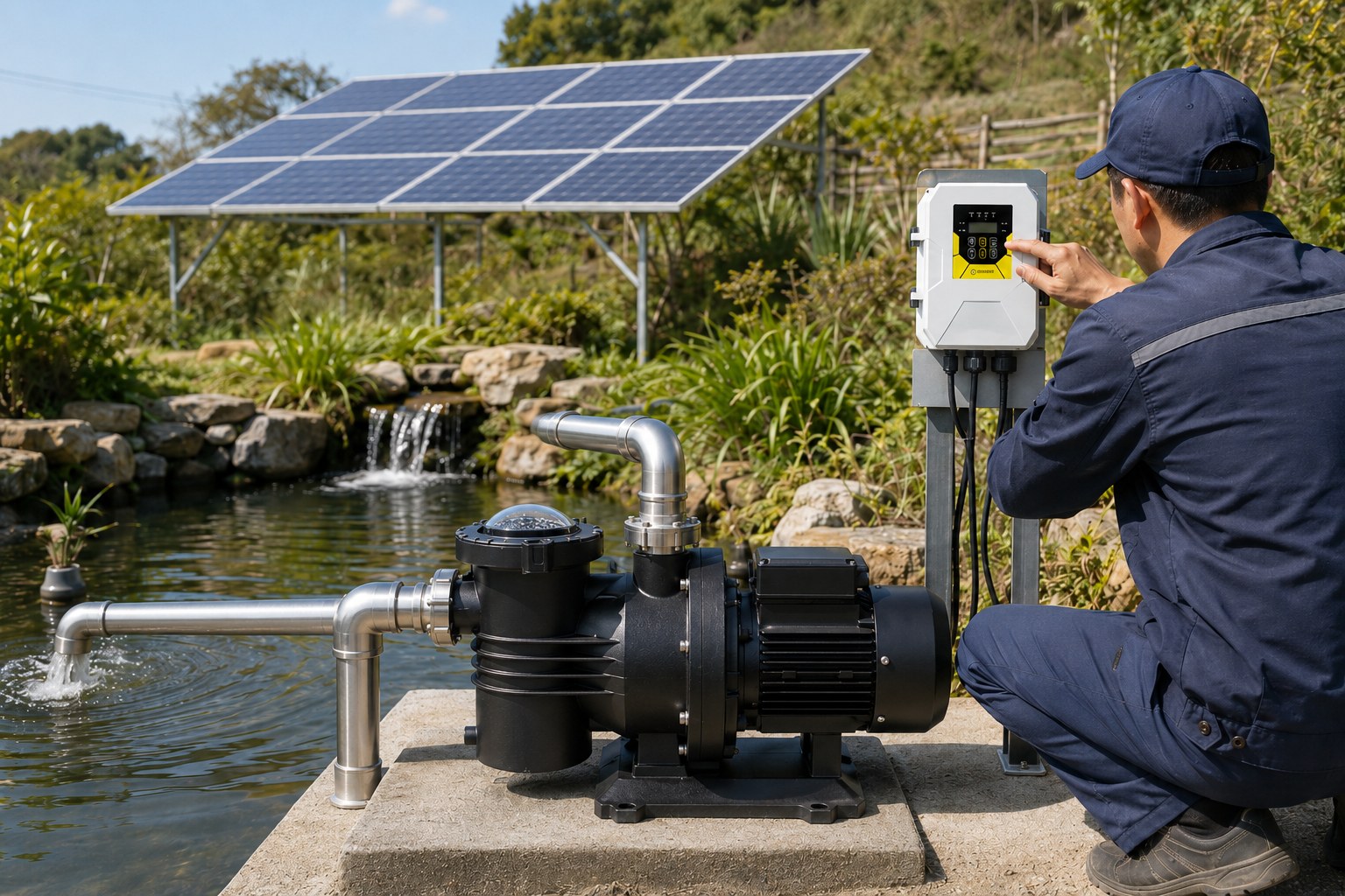 A solar-powered pond pump system in a garden setting