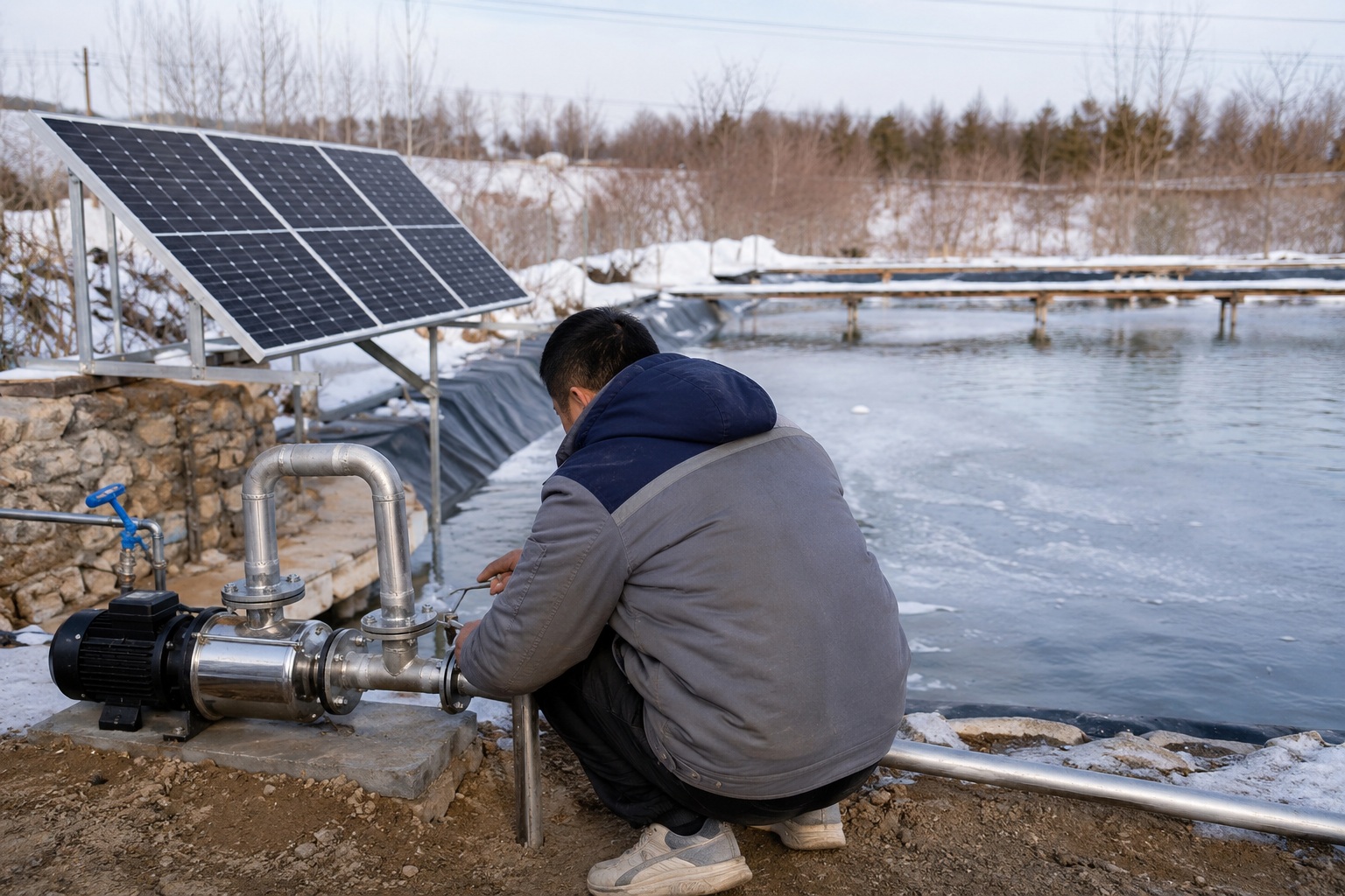 A solar panel covered in a light dusting of snow next to a frozen pond