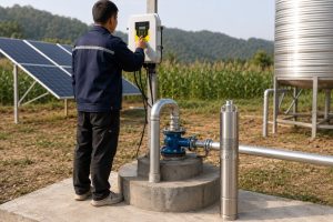A realistic outdoor HYBSUN solar water pump installation scene showing a direct drive solar pump system operating in a rural agricultural area without batteries. A Chinese technician is checking the HYBSUN solar pump controller mounted beside a concrete borehole wellhead, while clean galvanized metal pipes, elbows, flanges, and valves connect the well outlet to a stainless steel water storage tank and irrigation pipeline. Solar panels installed nearby provide power directly to the controller and pump system, helping reduce dependence on grid electricity or fuel generators. A stainless steel solar submersible pump is displayed beside the well as a product reference, while the actual working pump would operate underground inside the borehole. The scene presents a professional off grid water supply setup suitable for farms, irrigation projects, solar water pump applications, pond pump system upgrades, solar powered pond pump solutions, and sustainable HYBSUN solar pump installations.