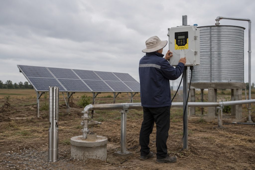 A realistic off grid solar water pump installation showing a HYBSUN solar pump system in a rural field under cloudy weather, highlighting the common weakness of solar water pumps when sunlight is limited. The scene includes a stainless steel submersible pump displayed beside a borehole, clean metal outlet piping connected from the wellhead to a raised water storage tank, and a HYBSUN solar pump controller being checked by a technician. Solar panels are installed nearby to power the system, while the professional pipe layout and practical farm setting show how a solar water pump supports water access in remote areas. The overcast sky naturally reflects how cloudy conditions can reduce performance, making proper system design important for stable water supply.