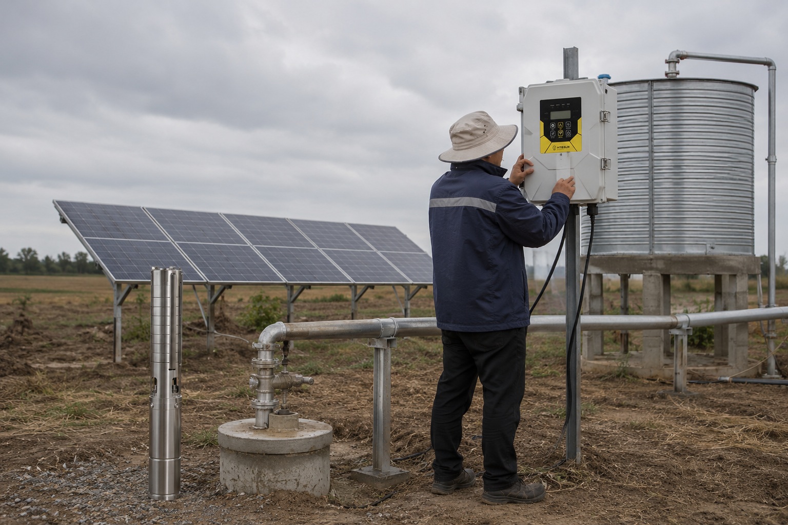 A solar water pump system in a field with a cloudy sky overhead