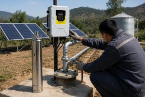 A realistic rural solar water pump installation scene showing a HYBSUN solar pump system being inspected beside a deep well borehole. A stainless steel submersible pump is displayed upright on a clean concrete platform, while the actual working setup shows a metal discharge pipe coming from the wellhead and connecting through professional elbows, valves, unions, and fittings toward a water storage tank and irrigation line. A HYBSUN solar pump controller is mounted on a post near the borehole, with clean cable routing and several solar panels positioned in the background to power the system in an off grid location. A Chinese technician wearing work clothes is checking the pipe connection and controller, creating a natural field installation scene. The image highlights how a solar water pump can lift water from deep wells in remote areas, while also supporting applications such as solar powered pond pump systems, agricultural irrigation, rural water supply, and HYBSUN solar pump solutions.