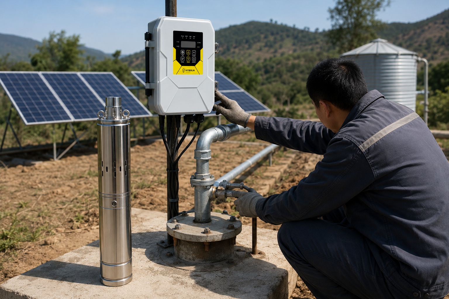 A solar pump system installed in a deep well in a sunny field.