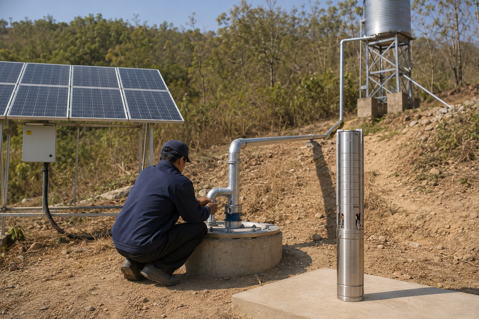 A deep well with a solar panel array nearby