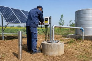 A realistic outdoor installation scene showing a HYBSUN solar pump system set up for off grid well water supply in a rural field. A Chinese technician in a blue work uniform is adjusting the solar pump controller mounted beside a concrete wellhead, while clean stainless steel piping rises from the borehole and runs directly to a large metal water storage tank. Several solar panels are installed on a metal frame nearby, supplying power to the system under a clear blue sky. The actual solar water pump is a slim stainless steel deep well submersible unit displayed upright beside the well as a product reference, while the real working setup focuses on the well opening, controller, discharge pipe, and storage tank, which reflects a realistic borehole pump installation. The scene looks natural and professional, with dry farmland, green crops, and a practical irrigation environment in the background, making it ideal for content about a HYBSUN solar pump, solar water pump performance, deep well pumping depth, solar powered pond pump solutions, and pond pump system applications.