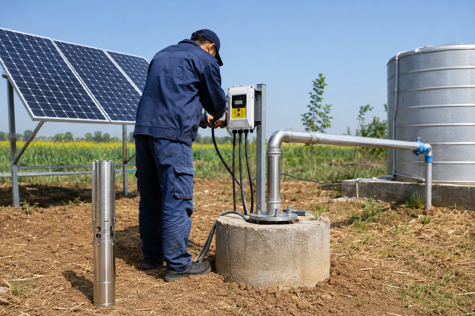A solar water pump system in a field with a deep well
