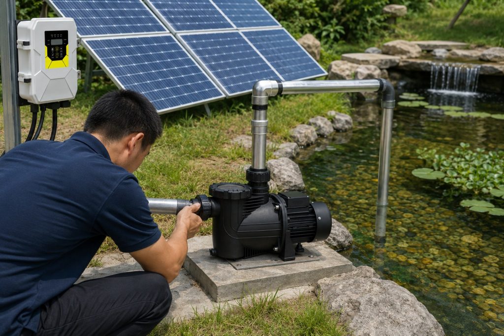 A realistic outdoor installation scene showing a HYBSUN solar powered pond pump set beside a landscaped garden pond. A Chinese technician is checking the pipe connection on a black land mounted pond pump installed on a concrete base, with clean metal inlet and outlet pipes connected in a practical working layout. The outlet pipe routes water back toward the pond waterfall, while clear pond water, stones, lily pads, and surrounding greenery create a natural maintenance environment. Solar panels are mounted nearby to power the pond pump system, and a HYBSUN solar pump controller is fixed on a post beside the equipment. The image clearly shows how a well installed solar water pump can support healthy pond circulation and long term pond pump performance.