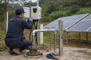 A professional Chinese technician is inspecting and adjusting a HYBSUN solar-powered submersible pump system in an outdoor rural setting. The scene features a polished stainless steel solar screw pump placed upright next to the borehole wellhead, with clean metal piping connected through a flanged base and a horizontal pipe run with a blue-handled valve. The HYBSUN solar pump controller, light gray with a black-and-yellow interface, is mounted on a metal post and open while the worker adjusts settings. Behind the system, several angled solar panels provide power, and the surrounding area includes grass, natural soil, and slight concrete paving around the well. A coiled blue cable and small installation tools lie nearby, enhancing the realism of an ongoing maintenance inspection. The pump system, pipes, and controller are shown in accurate proportions and realistic connections, highlighting a functional solar water pump setup, suitable for pond, irrigation, or household water supply, and reflecting a clean, professional pond pump system and HYBSUN solar pump installation.