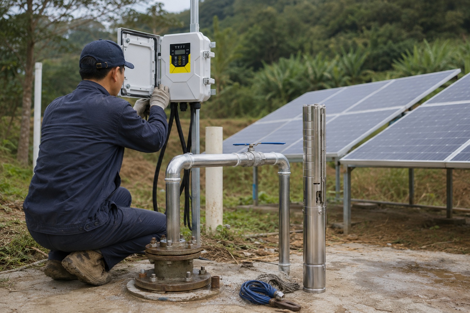 A technician repairing a water pump with tools laid out.