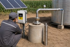 A realistic outdoor farm installation scene featuring a HYBSUN solar water pump system. The image shows a stainless steel submersible solar powered pond pump standing upright next to a concrete wellhead, connected to a clean metal outlet pipe with brass coupling and a pressure gauge. A white HYBSUN AC/DC controller with a yellow-black control panel is mounted nearby on a metal post, with visible cables connecting the system. Solar panels are positioned to capture sunlight for powering the pump, while a large corrugated water tank is connected via professionally installed piping. A Chinese technician wearing a gray work uniform and cap is kneeling beside the controller, inspecting or adjusting the system. The surrounding environment includes a dry soil surface and a green cornfield in the background, emphasizing a practical pond pump system or irrigation setup. The scene highlights a solar water pump in an operational farm setting, conveying maintenance and troubleshooting for a non-working pump.