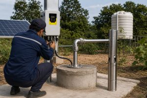 A professional outdoor installation of a HYBSUN solar-powered water pump system in a rural or agricultural setting. The scene features a single stainless-steel solar borehole pump standing upright on a concrete slab beside a borehole wellhead, connected via clean, new metal pipes with realistic flanges, elbows, and unions leading toward a water tank and irrigation lines. A Chinese technician is crouched beside the white HYBSUN solar pump controller with a black and yellow control panel, inspecting and adjusting cable connections using a tool. A solar panel array is positioned nearby to provide power to the pump, while a large elevated ribbed white water tank stands in the background. The ground is compacted soil with small vegetation patches, and trees frame the background. The setup includes visible water flow connections, professionally installed piping, and a clean, operational layout, illustrating a fully functional solar water pump and pond pump system suitable for irrigation or water supply. The natural daylight lighting emphasizes the metallic finish of the pump, the controller details, and the overall realistic installation environment.