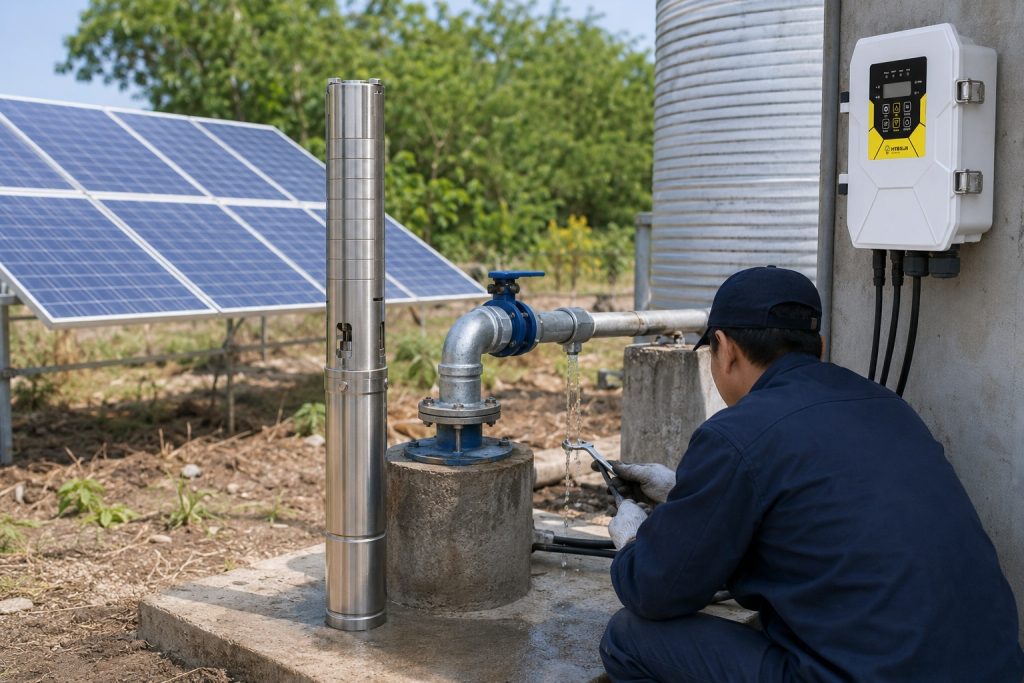A detailed outdoor installation scene of a HYBSUN solar water pump system set in a rural farm environment during daylight. The scene features a stainless steel cylindrical solar submersible borehole pump standing upright beside a concrete wellhead with blue flange and securely connected metal piping, including elbows, unions, and valve handles. Water drips subtly from the valve as a sign of maintenance inspection. Nearby, a white HYBSUN solar pump controller with a black and yellow front panel is mounted on a support structure, connected with multiple black cables. In the background, solar panels are mounted on a metal frame, angled toward the sun, and a vertical water storage tank is visible. A Chinese technician wearing a navy work jacket, cap, and white gloves is crouched beside the piping, inspecting and adjusting a connection with a wrench, facing away from the camera. Surrounding vegetation and clear sky provide a natural setting. The image conveys a practical pond pump system, solar water pump, and HYBSUN solar pump setup, showing realistic installation, maintenance, and functional piping.