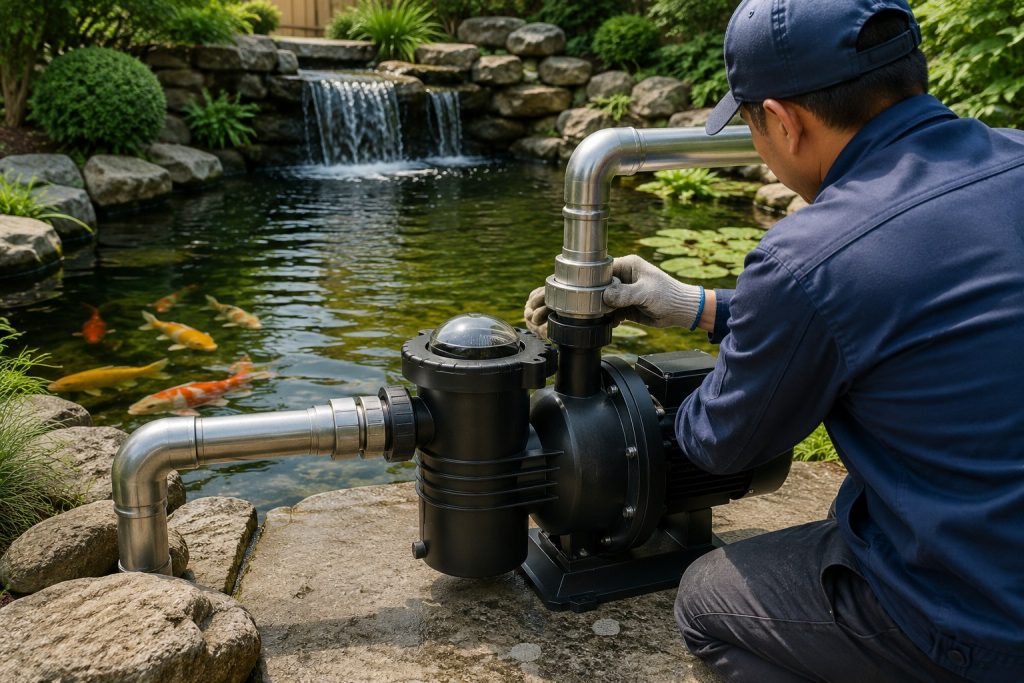 A realistic backyard pond installation scene showing a black HYBSUN pond pump system mounted beside a clear 500 gallon garden pond with koi fish water plants and a small waterfall for steady circulation and oxygenation. A Chinese technician wearing work gloves is adjusting the clean metal pipe connections on the pump while the inlet and outlet lines are professionally connected for continuous pond water movement. The natural stone pond edge clear flowing water and healthy fish create a practical example of choosing the right solar powered pond pump or HYBSUN solar pump for reliable water clarity. No solar panels are visible in the scene but the setup represents a clean and efficient solar water pump solution for residential pond circulation.
