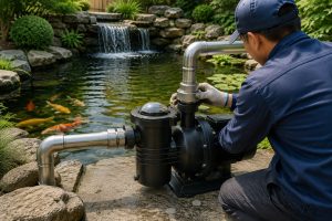 A realistic backyard pond installation scene showing a black HYBSUN pond pump system mounted beside a clear 500 gallon garden pond with koi fish water plants and a small waterfall for steady circulation and oxygenation. A Chinese technician wearing work gloves is adjusting the clean metal pipe connections on the pump while the inlet and outlet lines are professionally connected for continuous pond water movement. The natural stone pond edge clear flowing water and healthy fish create a practical example of choosing the right solar powered pond pump or HYBSUN solar pump for reliable water clarity. No solar panels are visible in the scene but the setup represents a clean and efficient solar water pump solution for residential pond circulation.