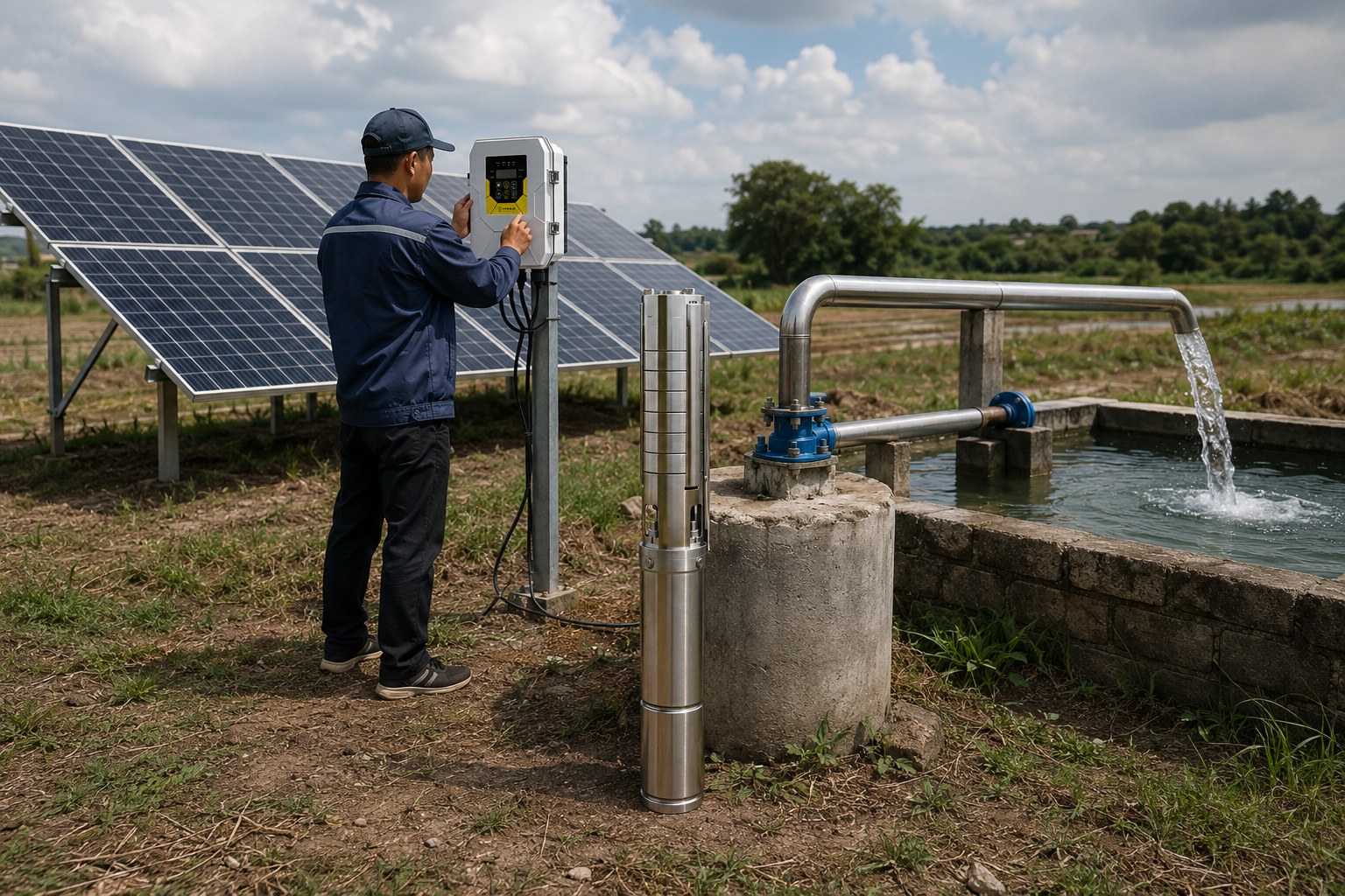 A solar panel installation on a rooftop under a partly cloudy sky