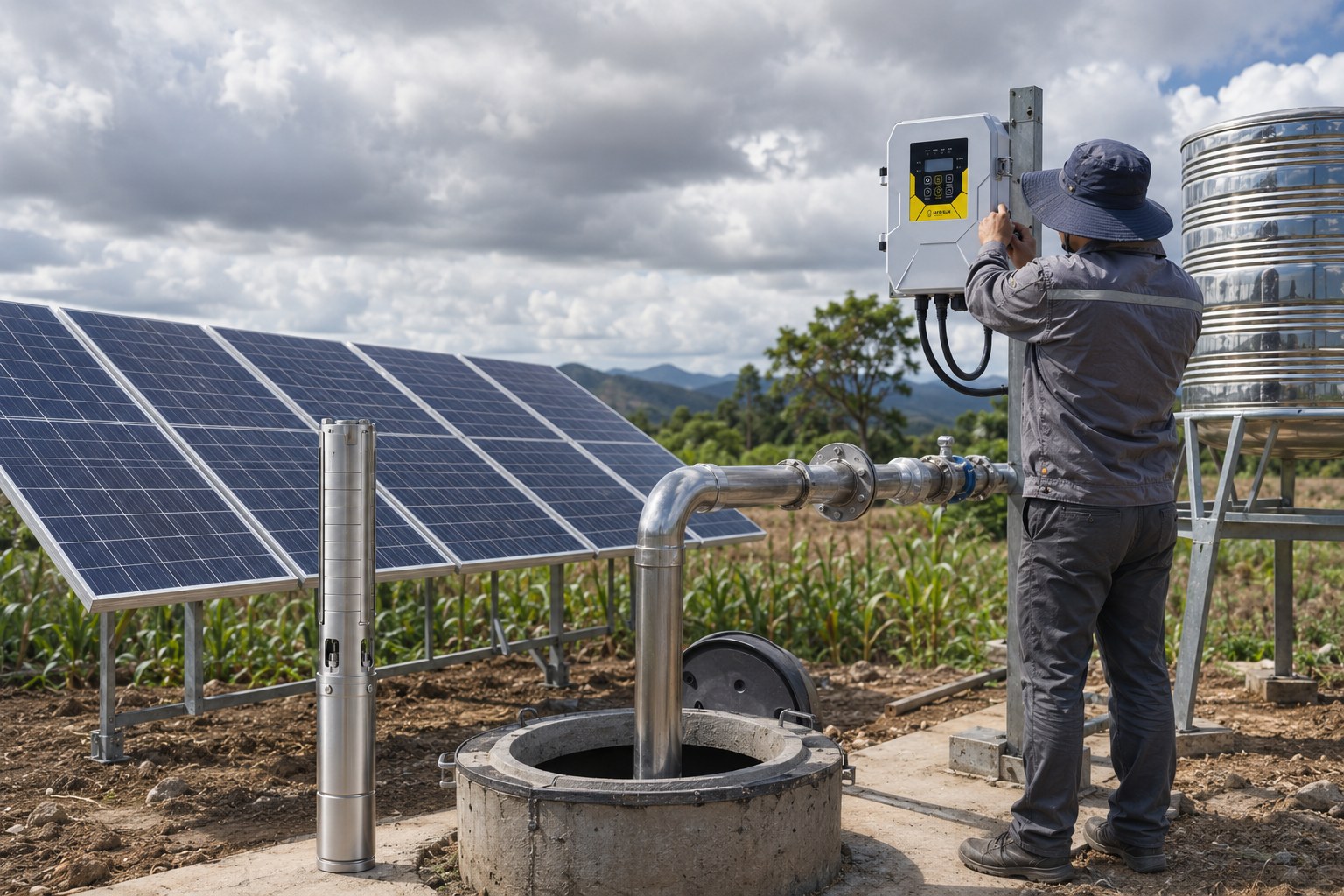 A solar panel array under a cloudy sky