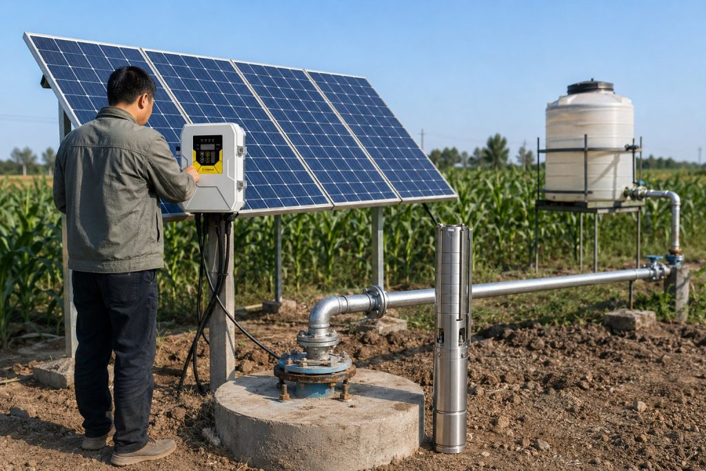 A realistic outdoor farm irrigation scene showing a HYBSUN solar pump system installed beside a borehole wellhead, with clean metal piping connected from the well to a raised water tank and irrigation line. A stainless steel deep well solar water pump is displayed upright near the installation, while a Chinese technician checks the HYBSUN controller mounted beside a solar panel array. The setup highlights how a professional solar water pump can reduce fuel costs and provide reliable water supply for agriculture, offering a practical solution beyond a small solar powered pond pump or basic pond pump system.