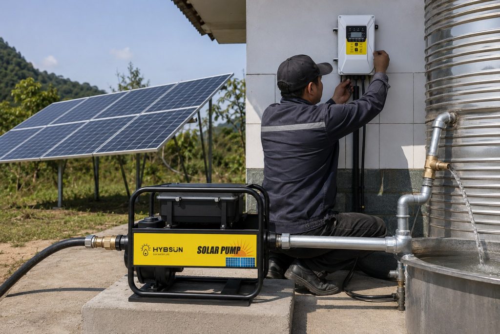 A realistic outdoor installation scene shows a HYBSUN solar pump system set up beside a large stainless steel water tank in a rural area. One Chinese technician, seen from the side and back, is carefully adjusting the wall mounted controller while the single HYBSUN solar water pump sits on a clean concrete base in the foreground. The pump features a sturdy black frame, compact motor body, and visible branded side panel, with new metal inlet and outlet pipes professionally connected for real working use. Several solar panels are installed nearby on a metal support structure, supplying power to the system, while clear water is flowing from the pipe into the tank, showing active operation. Surrounded by open sky, green trees, and a natural hillside setting, the scene presents a durable and practical HYBSUN solar pump solution for long term water supply, and naturally fits searches related to a solar powered pond pump, solar water pump, and efficient pond pump system.