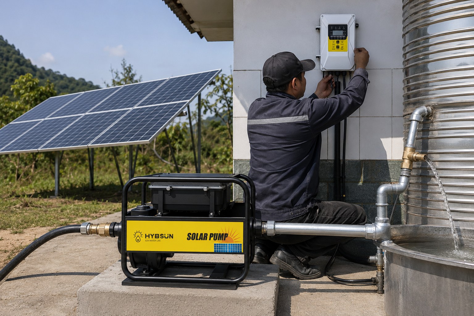 A durable solar water pump system installed in a sunny field.