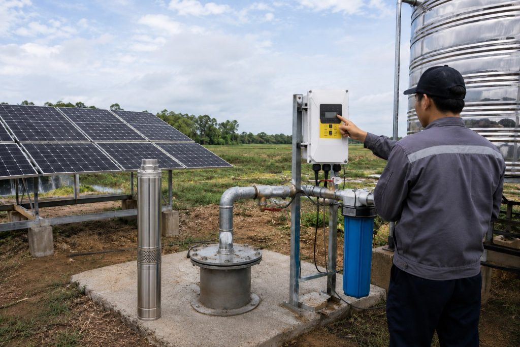 A realistic outdoor installation scene of a HYBSUN solar water pump system in a rural agricultural field. The image features a stainless-steel HYBSUN solar submersible pump positioned beside a borehole wellhead, showing its cylindrical body, perforated intake section, and top outlet head. Galvanized metal pipes with elbows, valves, and clamps connect the wellhead to a blue filtration unit and a large corrugated stainless-steel water tank. Nearby, a white HYBSUN AC/DC controller with a yellow control panel is mounted on a metal post, with cables running to the pump and piping. Solar panels on a metal frame collect sunlight to power the system. A Chinese technician is seen from the back, inspecting the controller and pipe connections, emphasizing professional maintenance. The ground is a mix of soil and grass, with farmland extending in the background under a partly cloudy sky. This scene illustrates a fully operational pond pump system and solar powered pond pump setup, highlighting the importance of proper installation to prevent contamination, the most common cause of pump failure in solar water pumps.