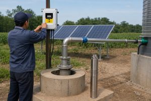 A detailed outdoor installation of a HYBSUN solar water pump system showing a stainless-steel solar submersible borehole pump placed beside a concrete well riser with connected new metallic piping. The solar-powered pond pump system includes a vertical and horizontal discharge pipe with professional fittings and a blue coupling, leading to a nearby water storage tank or irrigation line. A white HYBSUN controller with a yellow-and-black front panel is mounted on a support post, with cables running neatly to the pump. Solar panels are installed in the background, positioned to capture maximum sunlight. The scene includes a Chinese technician in work attire and a navy cap, seen from the back, adjusting the controller, illustrating proactive maintenance. Surroundings feature bare soil, cultivated fields, and distant greenery, creating a realistic, functional pond pump system environment. Keywords naturally included: solar water pump, pond pump system, solar powered pond pump, HYBSUN solar pump.