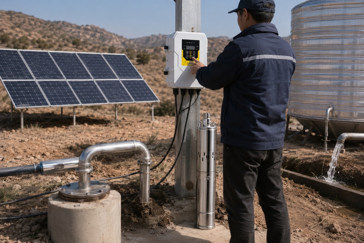 A solar panel array in a field next to a water pump