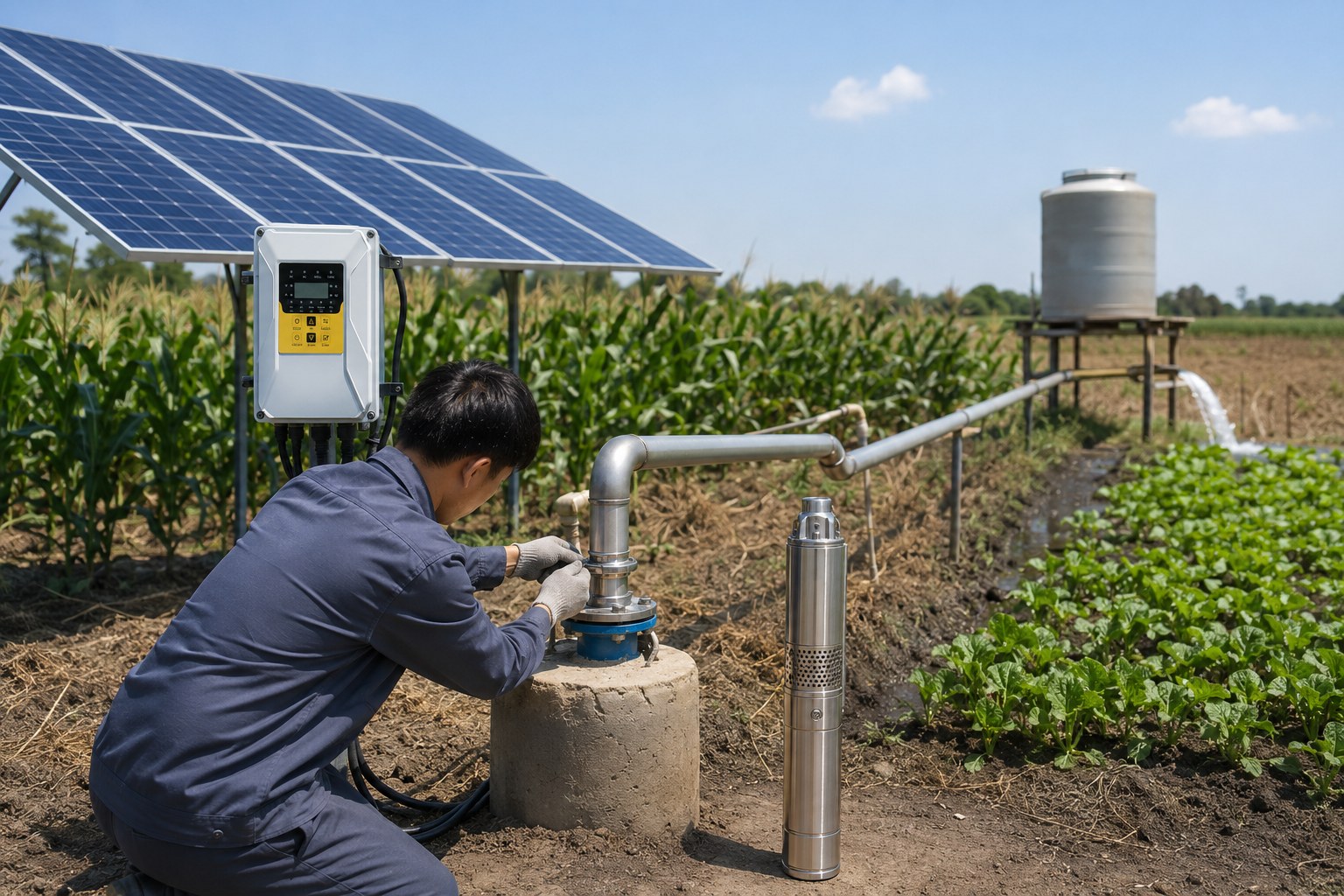 A solar water pump system installed in a sunny field, powering irrigation for crops.