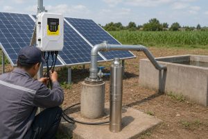 A realistic outdoor scene showing a HYBSUN solar-powered submersible borehole pump system on a rural farm. The stainless-steel cylindrical pump stands upright next to a concrete wellhead, with perforated intake sections and a metallic finish matching the real product. Clean metal discharge pipes with professional fittings, elbows, and a blue-handled valve connect the wellhead to a rectangular concrete water trough, simulating an irrigation setup. A white and yellow HYBSUN solar pump controller is mounted on a metal pole near the system, with black cables running from the controller to the pump. Large solar panels are visible in the background, angled to catch sunlight. A technician, seen from behind wearing a dark cap and gray work jacket with reflective stripes, is kneeling and checking cable connections at the controller, emphasizing that the pump has stopped working. The surrounding soil is bare with some green vegetation, and a cornfield and trees extend into the background. The scene conveys a natural, professional, and authentic solar water pump setup, suitable for irrigation, livestock, or home water supply, highlighting key elements like the HYBSUN solar pump, solar panels, piping system, and controller.