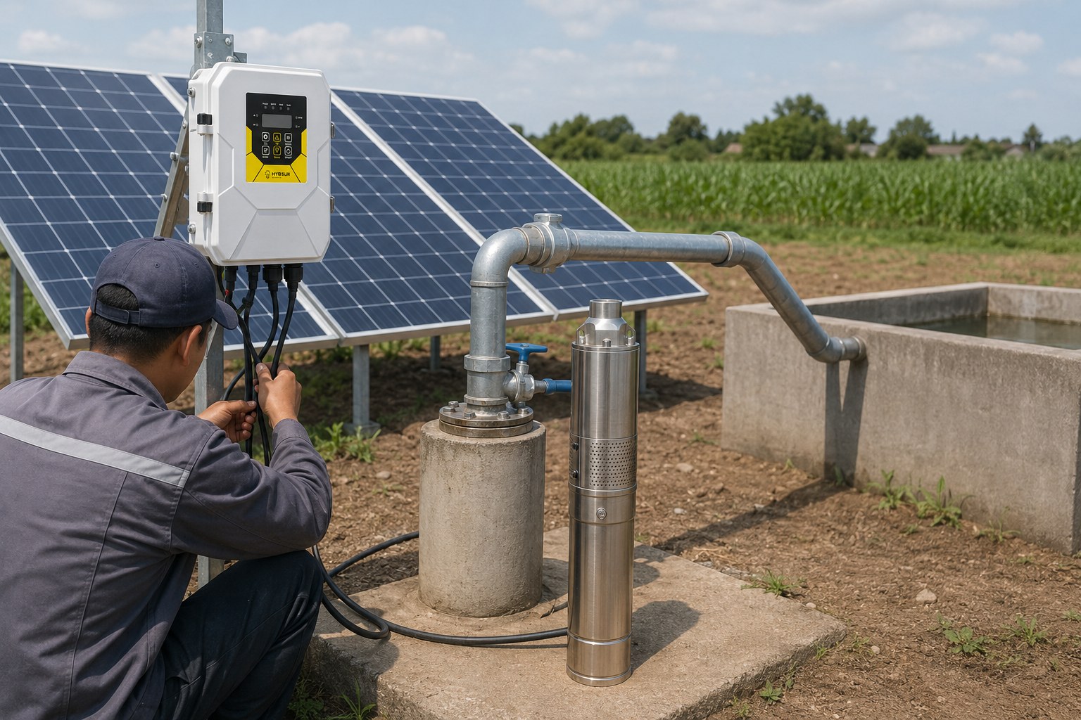 A non-working solar water pump in a dry field